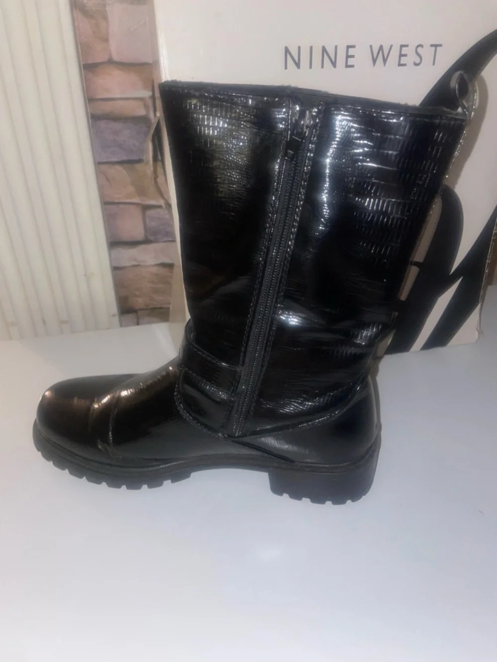 Nine West Black Patent Harness Mid-Calf Boots with Buckle